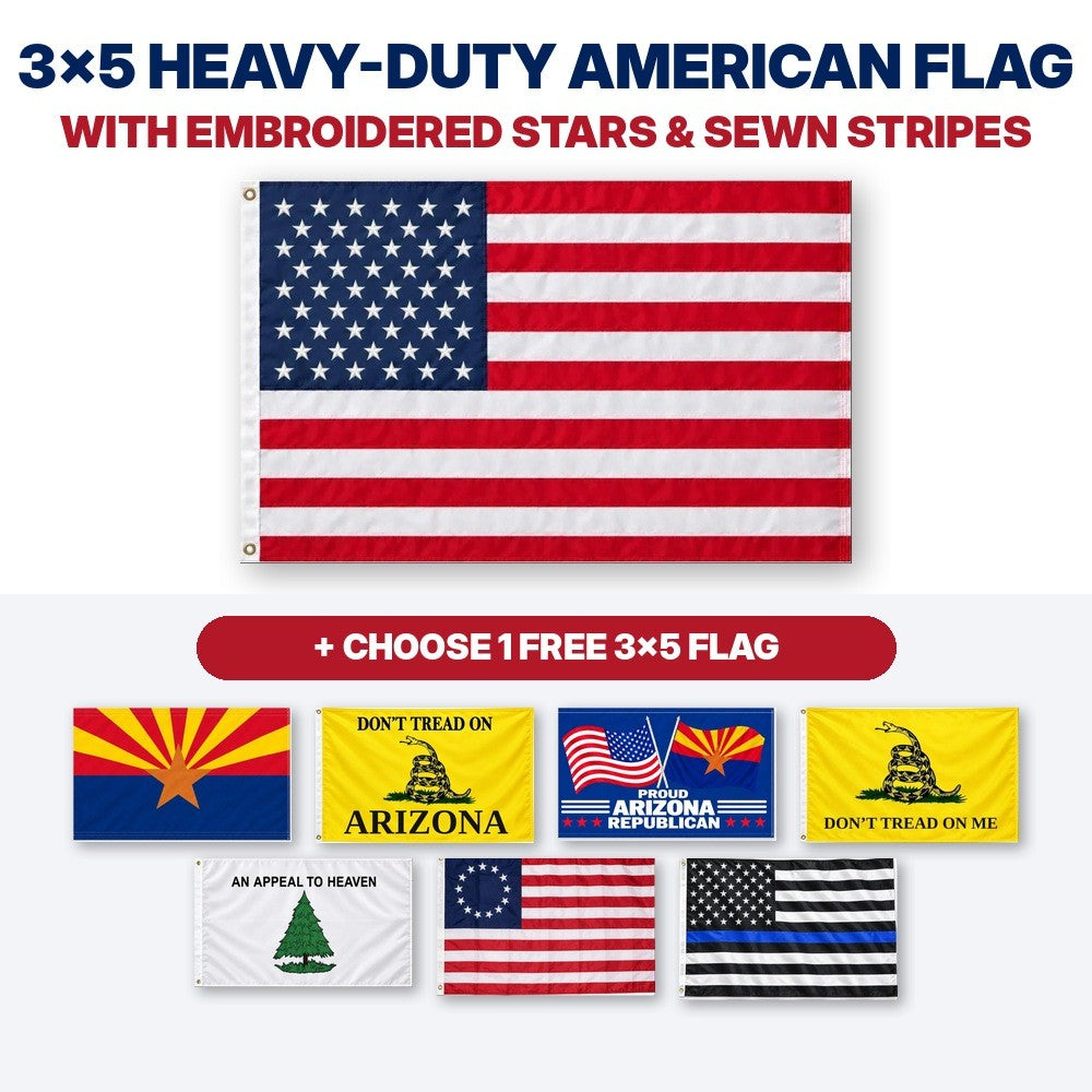 3x5 heavy-duty American flag with embroidered stars and sewn stripes plus choice of 1 free 3x5 flag – Arizona