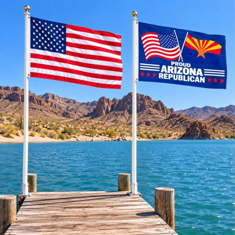 American flag and Proud Arizona Republican flag flying side by side outdoors