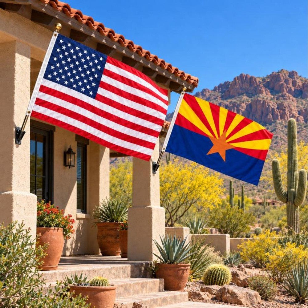 American flag and Arizona State Flag flying side by side outdoors