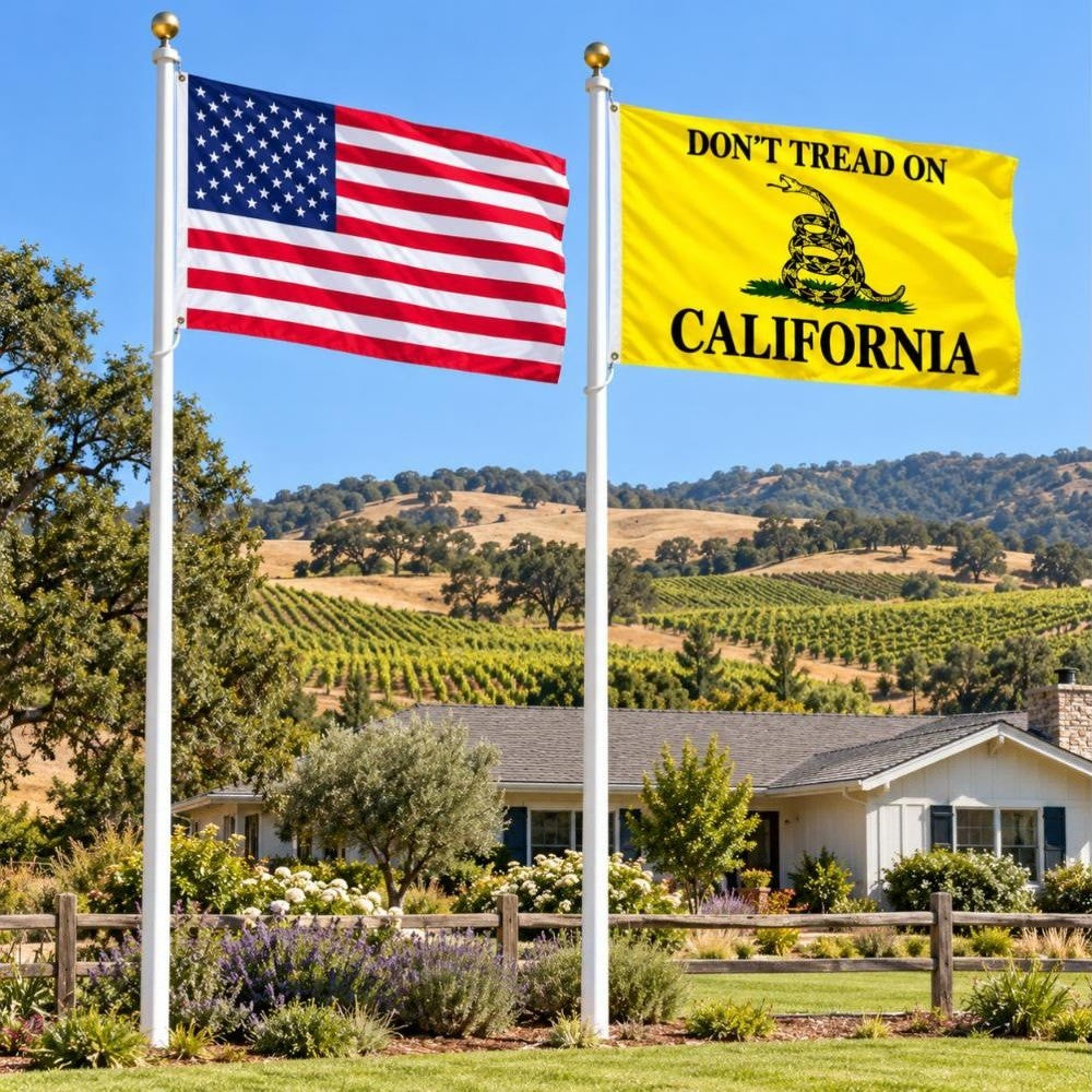 American flag and Don't Tread on California flag flying side by side outdoors