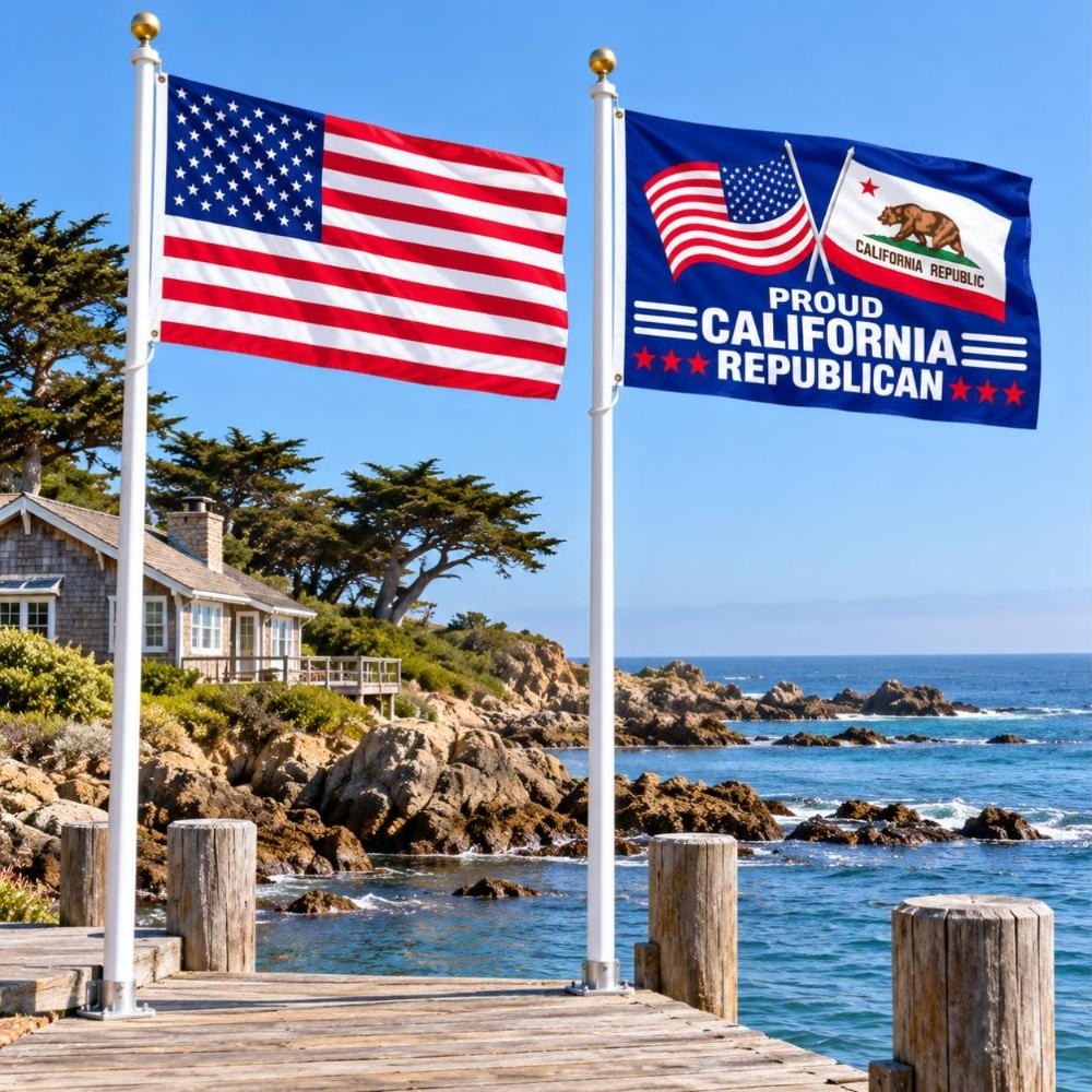 American flag and Proud California Republican flag flying side by side outdoors