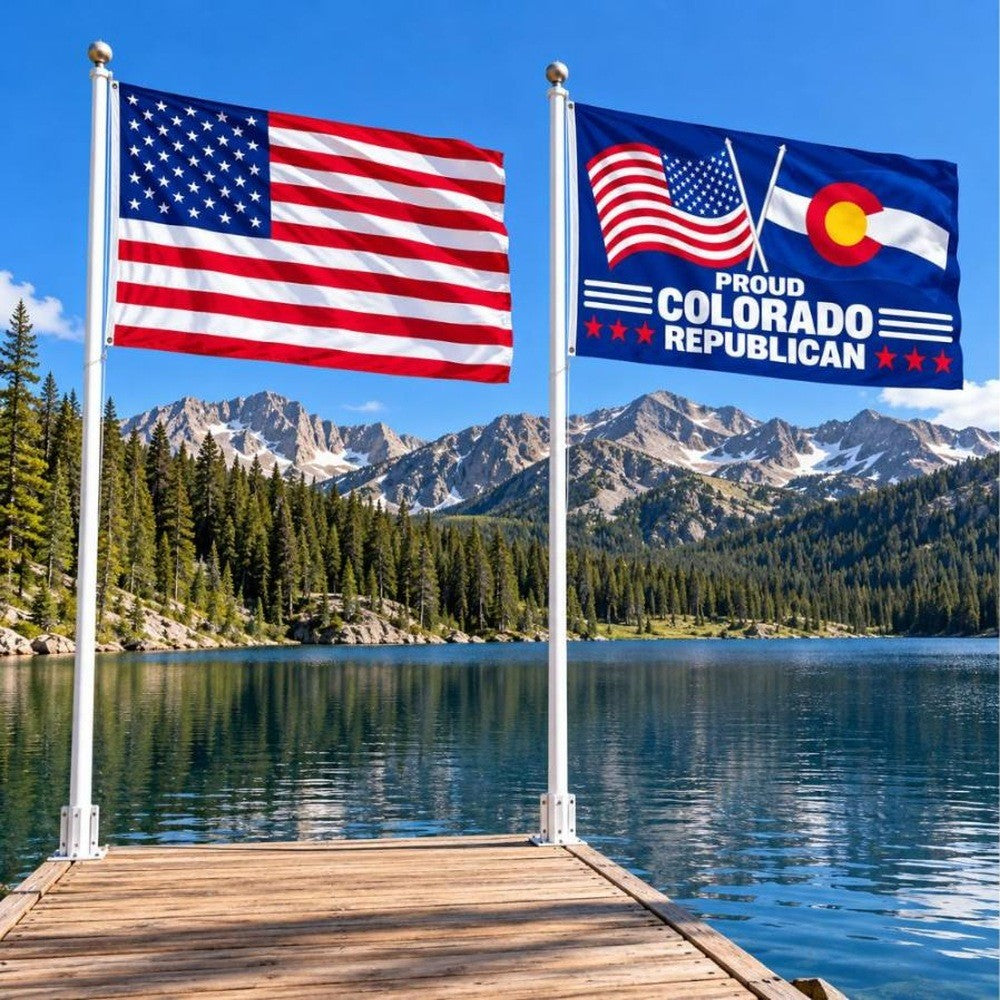 American flag and Proud Colorado Republican flag flying side by side outdoors