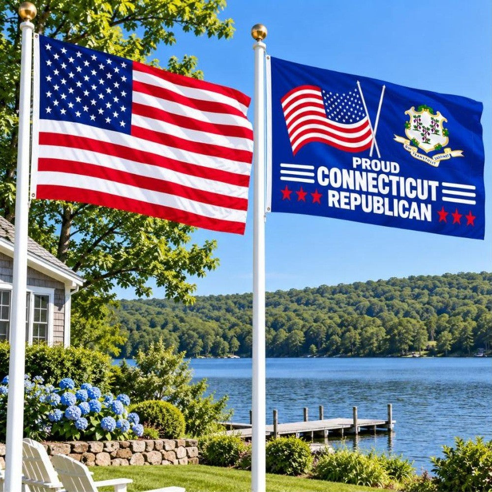 American flag and Proud Connecticut Republican flag flying side by side outdoors