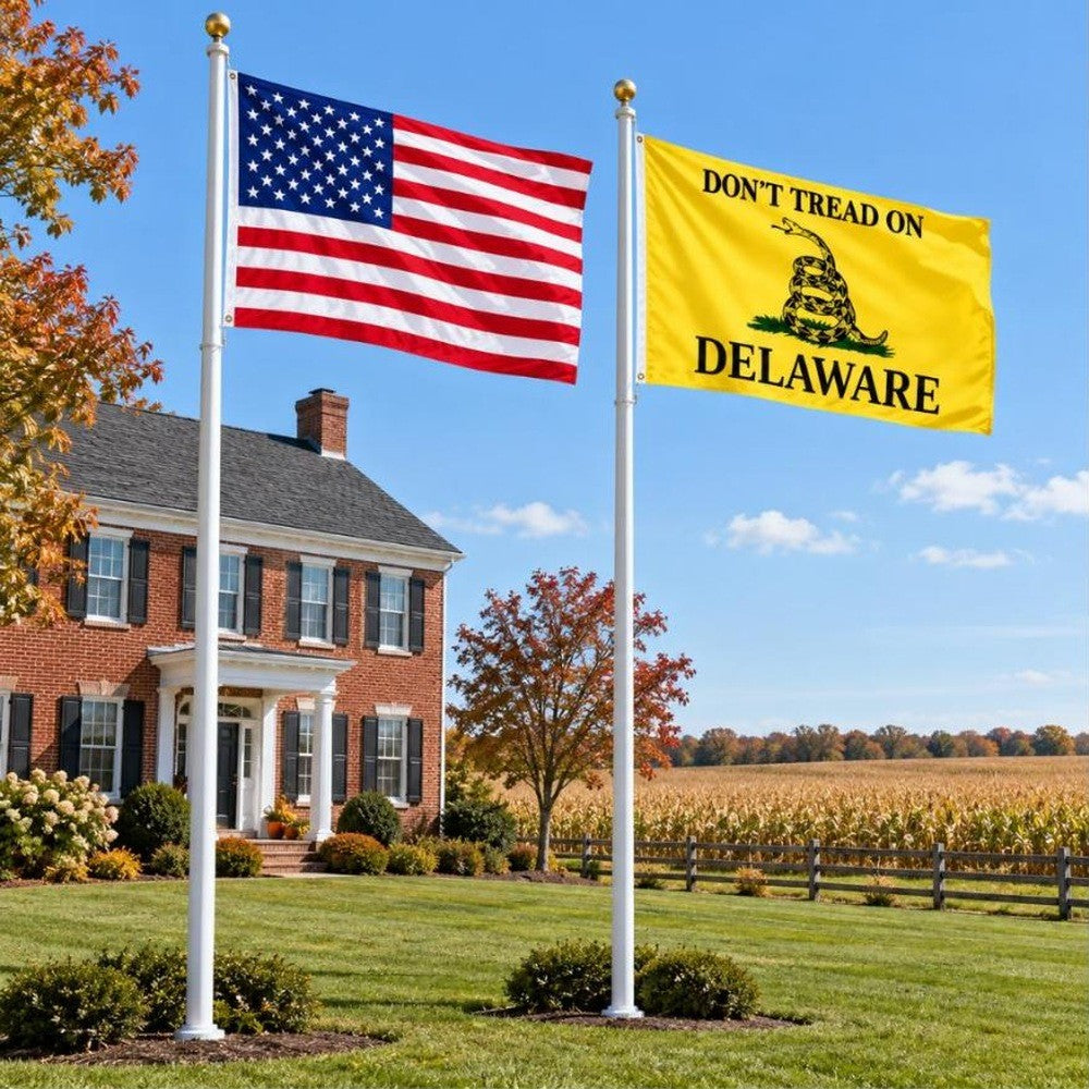American flag and Don't Tread on Delaware flag flying side by side outdoors