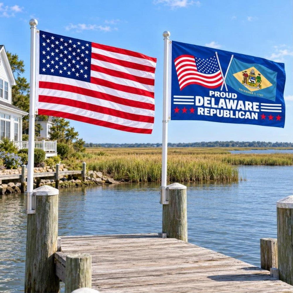 American flag and Proud Delaware Republican flag flying side by side outdoors