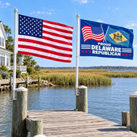 American flag and Proud Delaware Republican flag flying side by side outdoors