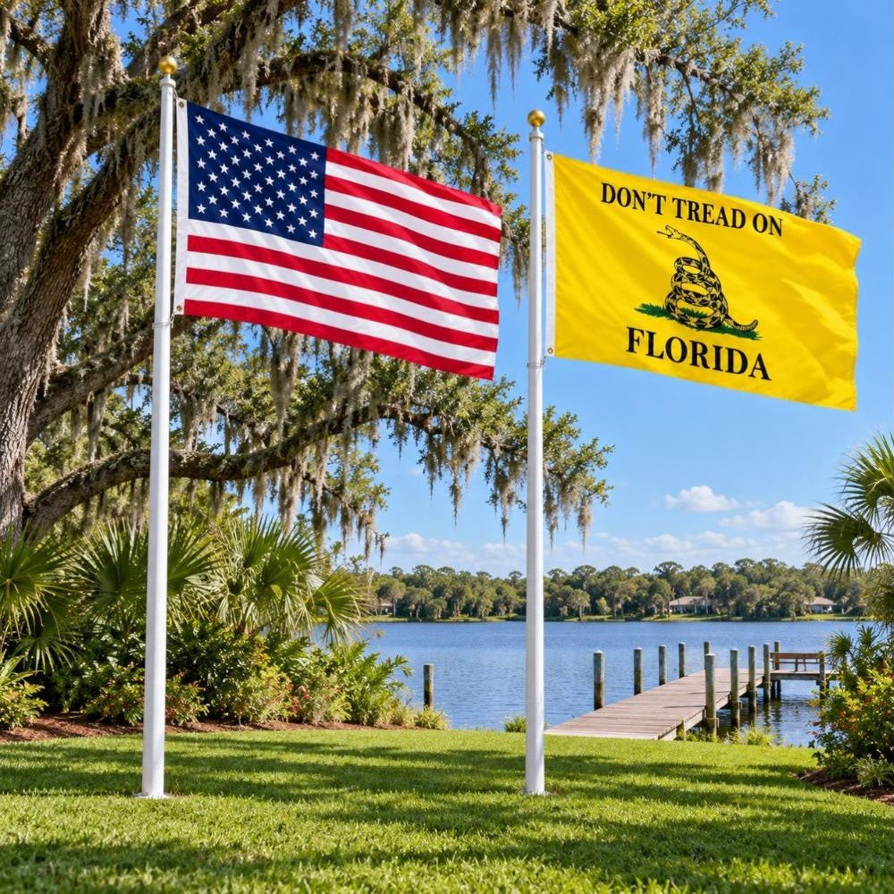 American flag and Don't Tread on Florida flag flying side by side outdoors