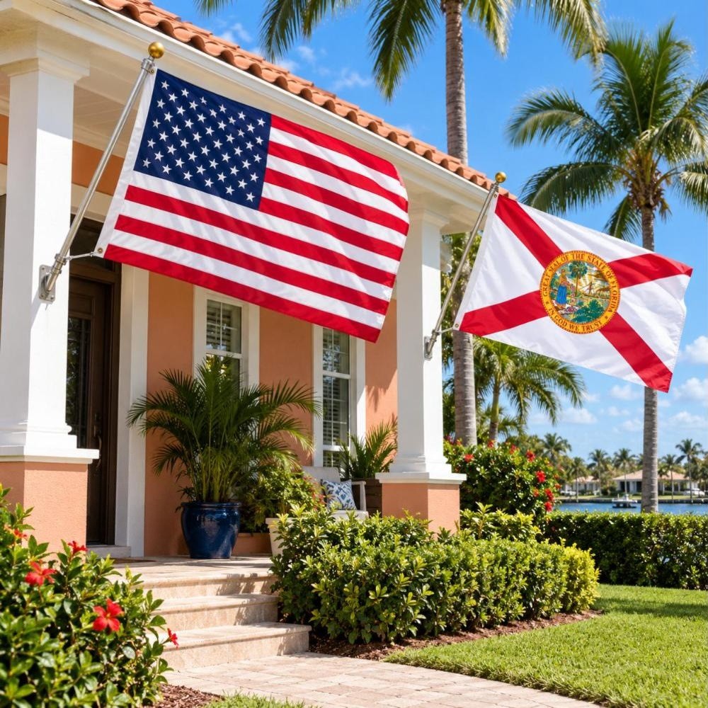 American flag and Florida State Flag flying side by side outdoors