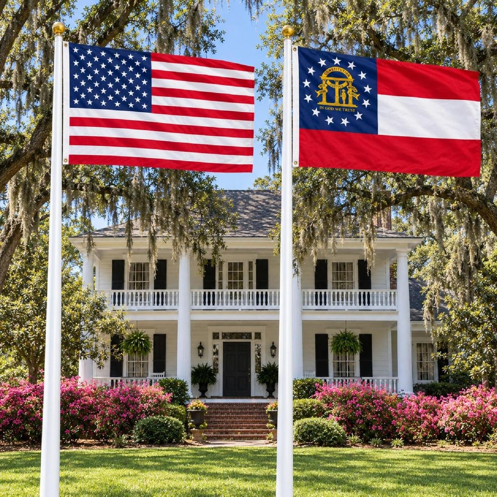 American flag and Georgia State Flag flying side by side outdoors