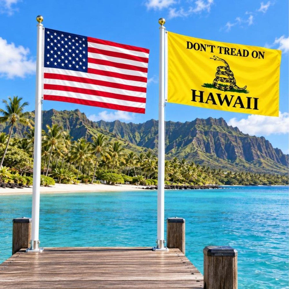 American flag and Don't Tread on Hawaii flag flying side by side outdoors