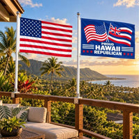 American flag and Proud Hawaii Republican flag flying side by side outdoors