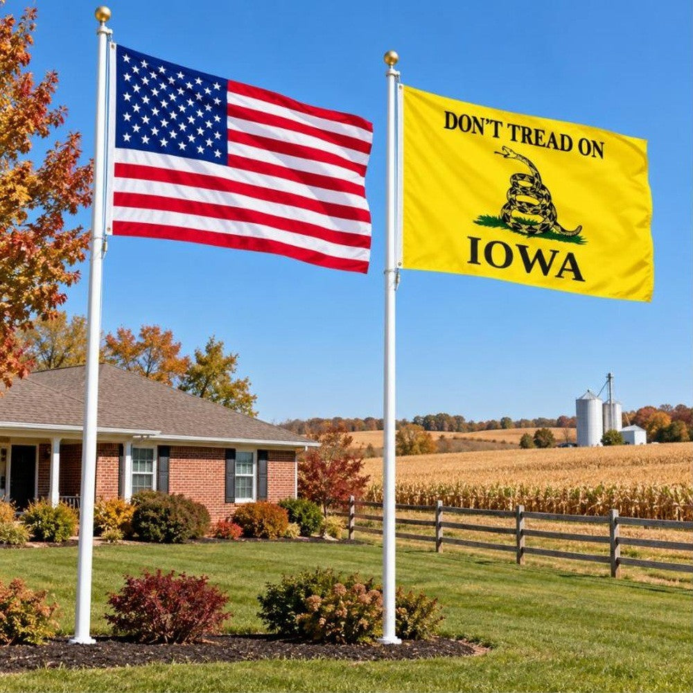 American flag and Don't Tread on Iowa flag flying side by side outdoors