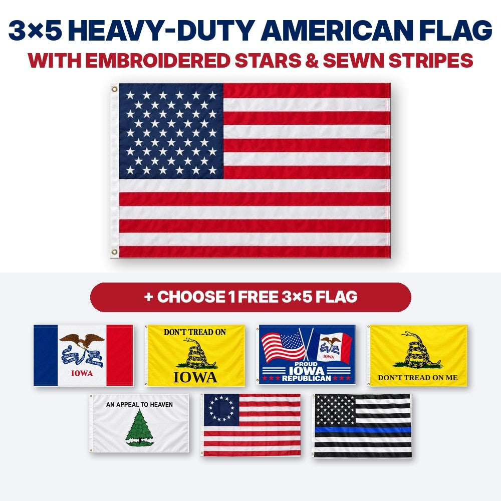 3x5 heavy-duty American flag with embroidered stars and sewn stripes plus choice of 1 free 3x5 flag – Iowa