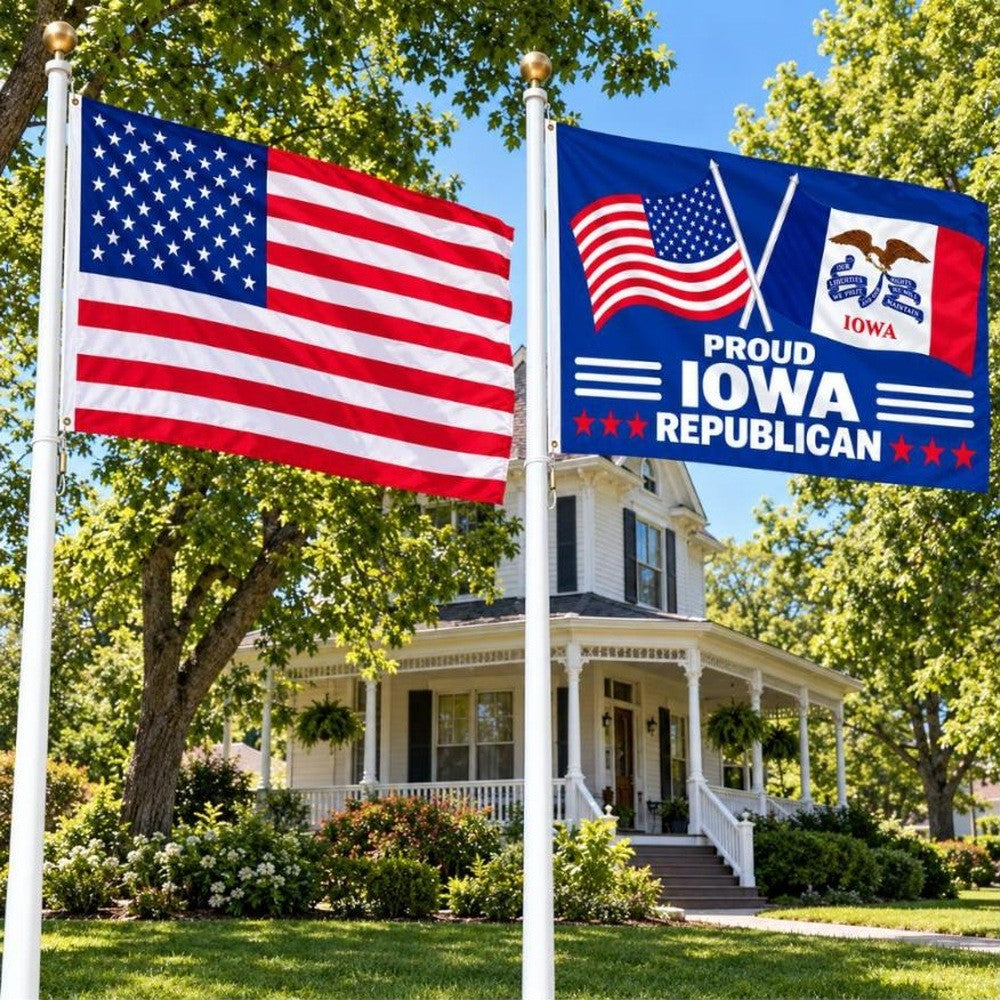 American flag and Proud Iowa Republican flag flying side by side outdoors