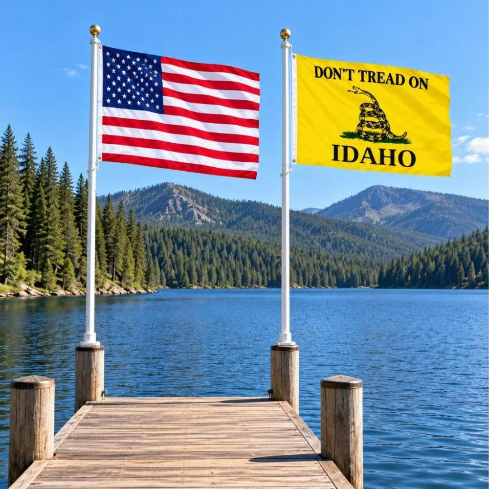American flag and Don't Tread on Idaho flag flying side by side outdoors