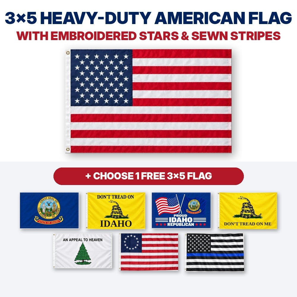3x5 heavy-duty American flag with embroidered stars and sewn stripes plus choice of 1 free 3x5 flag – Idaho