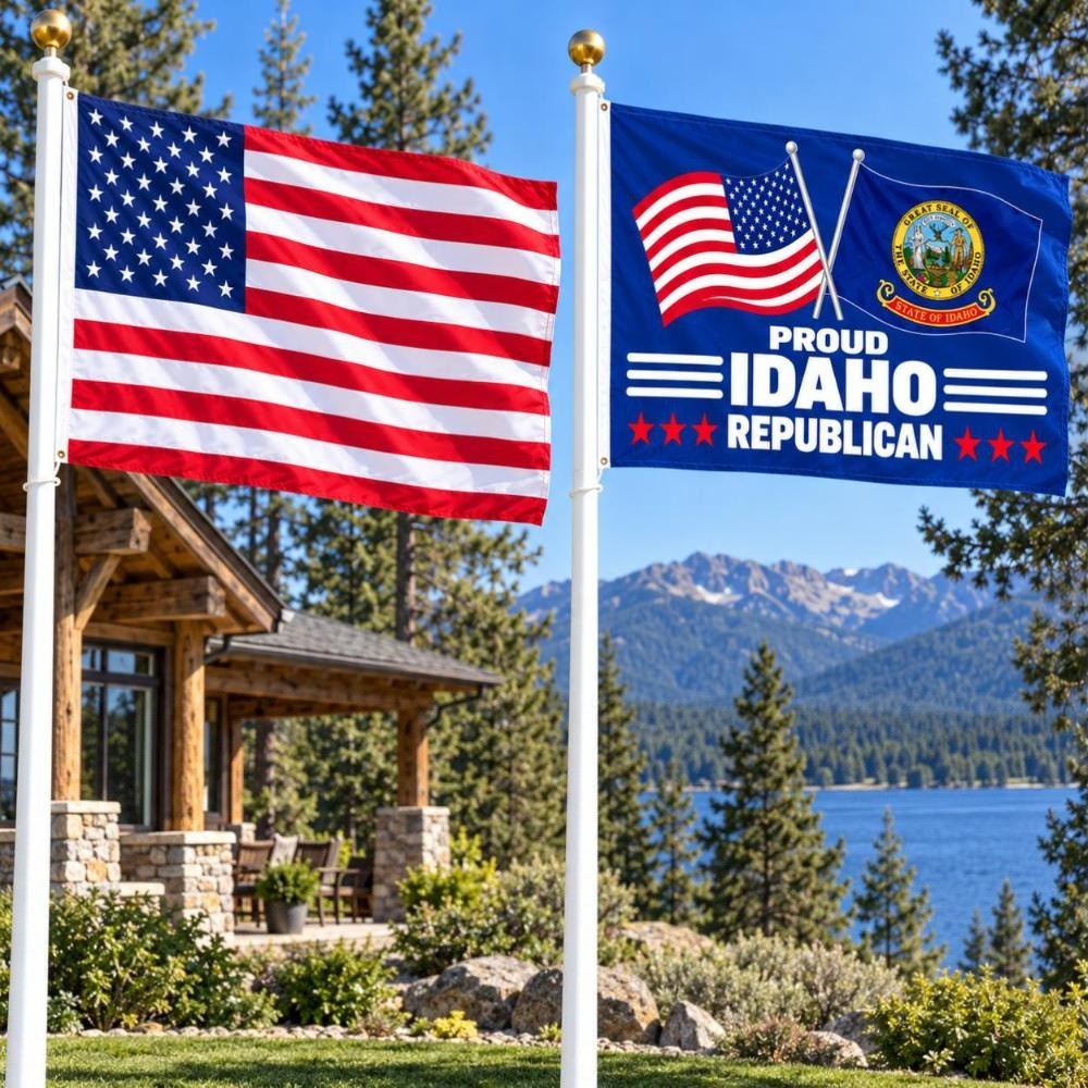 American flag and Proud Idaho Republican flag flying side by side outdoors