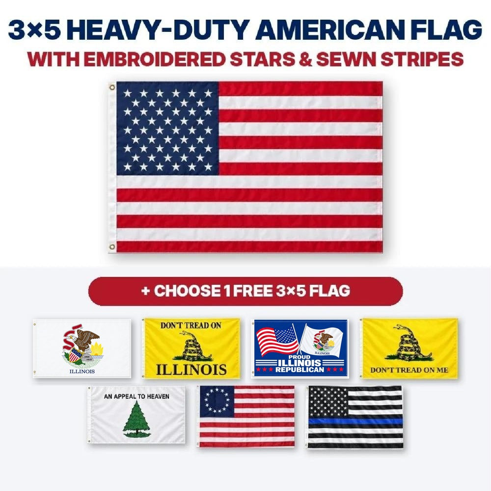 3x5 heavy-duty American flag with embroidered stars and sewn stripes plus choice of 1 free 3x5 flag – Illinois