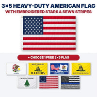3x5 heavy-duty American flag with embroidered stars and sewn stripes plus choice of 1 free 3x5 flag – Illinois
