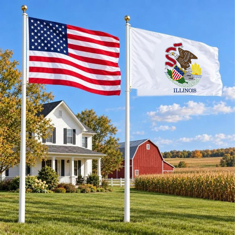 American flag and Illinois State Flag flying side by side outdoors