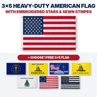 3x5 heavy-duty American flag with embroidered stars and sewn stripes plus choice of 1 free 3x5 flag – Indiana