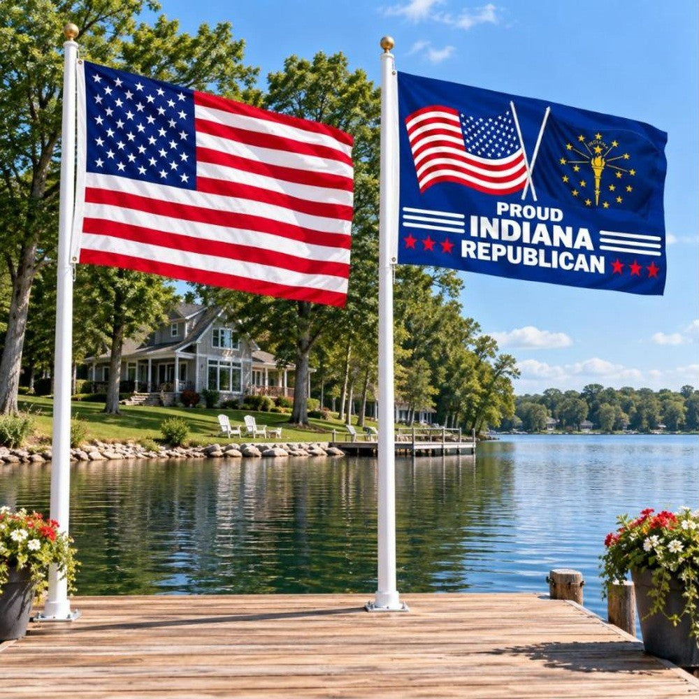 American flag and Proud Indiana Republican flag flying side by side outdoors