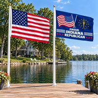 American flag and Proud Indiana Republican flag flying side by side outdoors