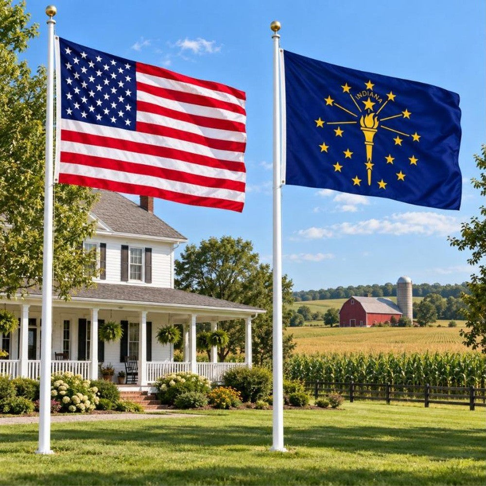 American flag and Indiana State Flag flying side by side outdoors