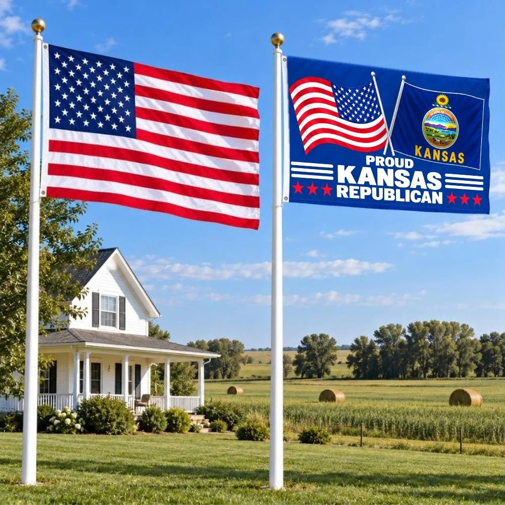 American flag and Proud Kansas Republican flag flying side by side outdoors