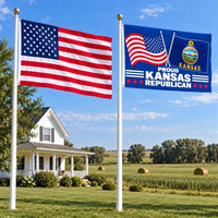 American flag and Proud Kansas Republican flag flying side by side outdoors
