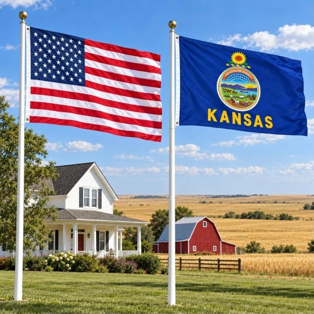 American flag and Kansas State Flag flying side by side outdoors