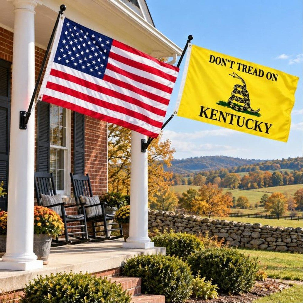 American flag and Don't Tread on Kentucky flag flying side by side outdoors