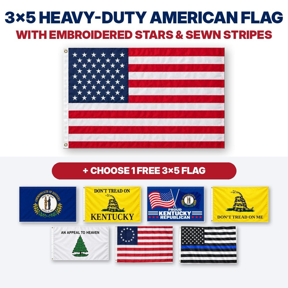 3x5 heavy-duty American flag with embroidered stars and sewn stripes plus choice of 1 free 3x5 flag – Kentucky