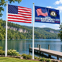 American flag and Proud Kentucky Republican flag flying side by side outdoors