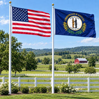 American flag and Kentucky State Flag flying side by side outdoors