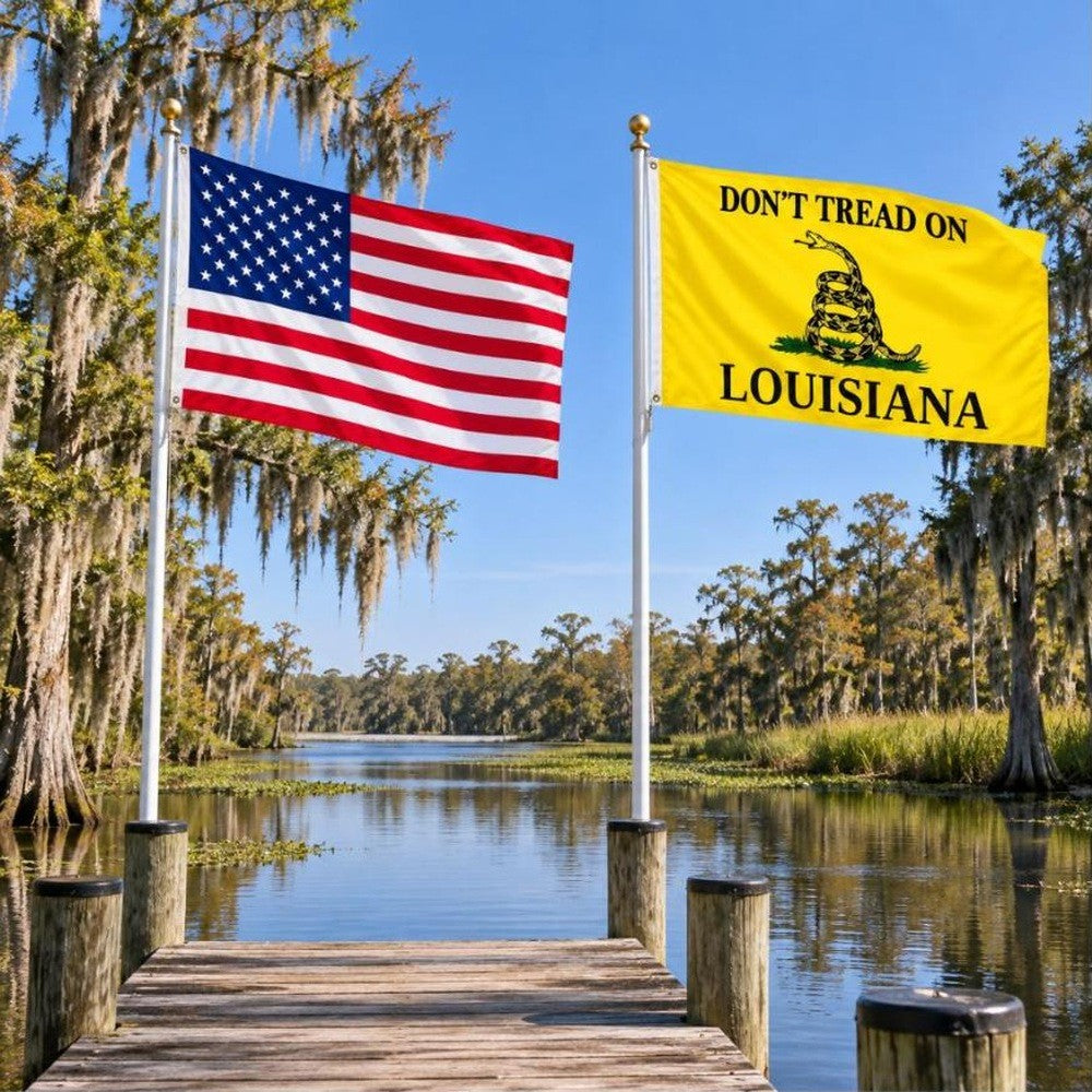 American flag and Don't Tread on Louisiana flag flying side by side outdoors