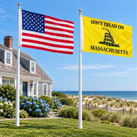 American flag and Don't Tread on Massachusetts flag flying side by side outdoors