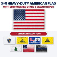 3x5 heavy-duty American flag with embroidered stars and sewn stripes plus choice of 1 free 3x5 flag – Massachusetts