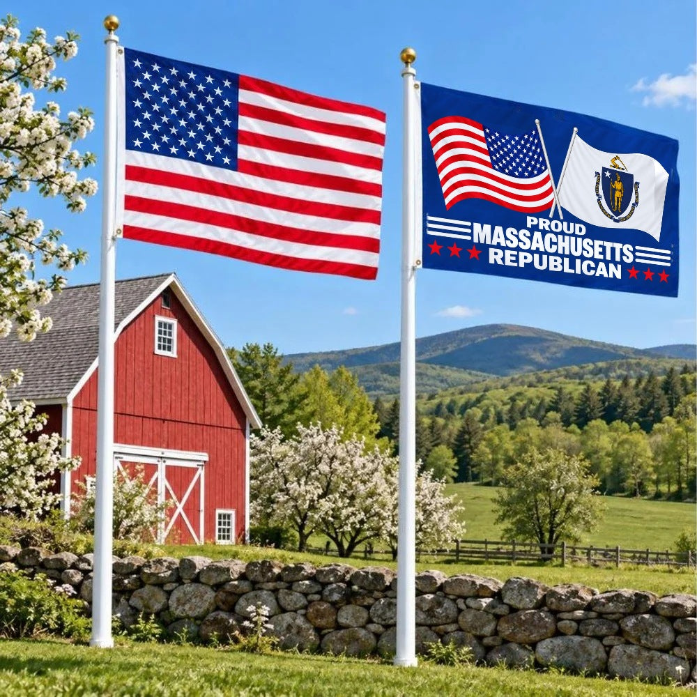 American flag and Proud Massachusetts Republican flag flying side by side outdoors