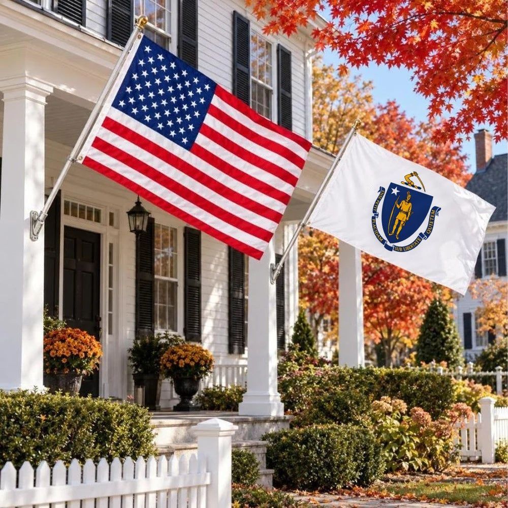 American flag and Massachusetts State Flag flying side by side outdoors