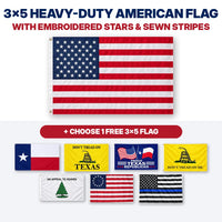 3x5 heavy-duty American flag with embroidered stars and sewn stripes plus choice of 1 free 3x5 flag