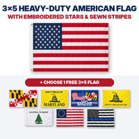 3x5 heavy-duty American flag with embroidered stars and sewn stripes plus choice of 1 free 3x5 flag – Maryland