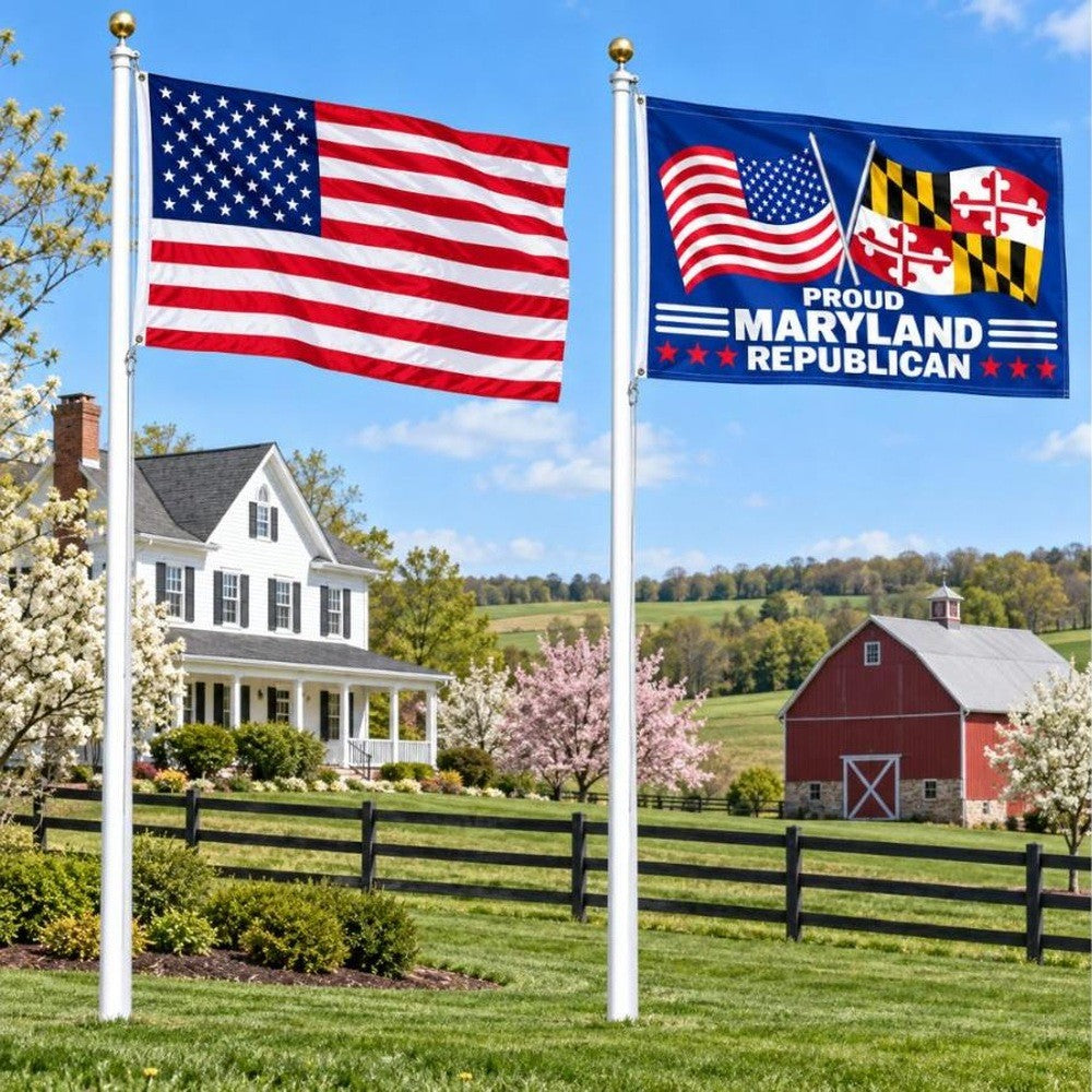 American flag and Proud Maryland Republican flag flying side by side outdoors