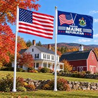 American flag and Proud Maine Republican flag flying side by side outdoors
