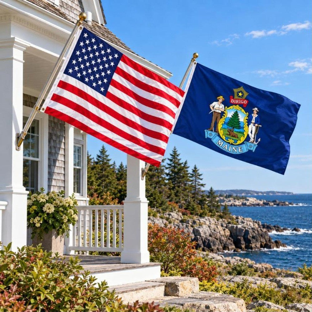 American flag and Maine State Flag flying side by side outdoors