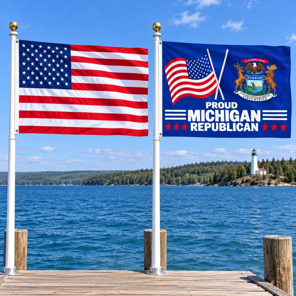 American flag and Proud Michigan Republican flag flying side by side outdoors