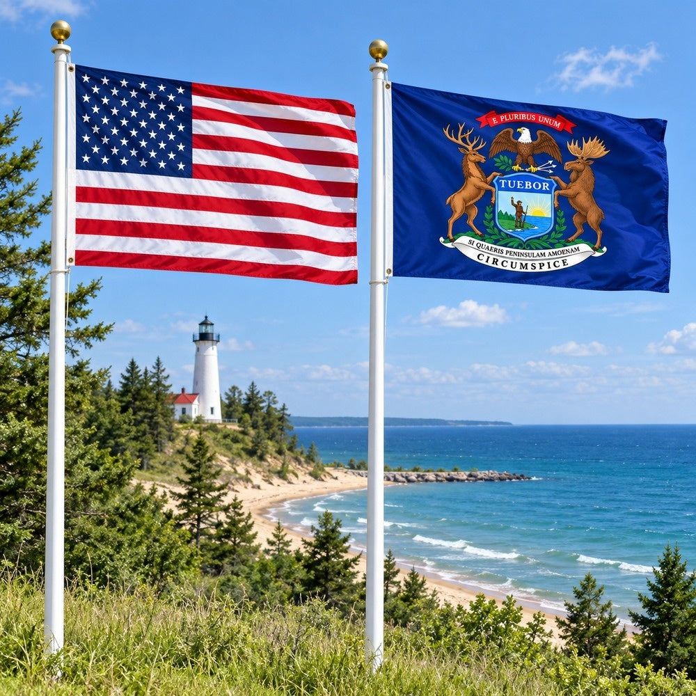 American flag and Michigan State Flag flying side by side outdoors