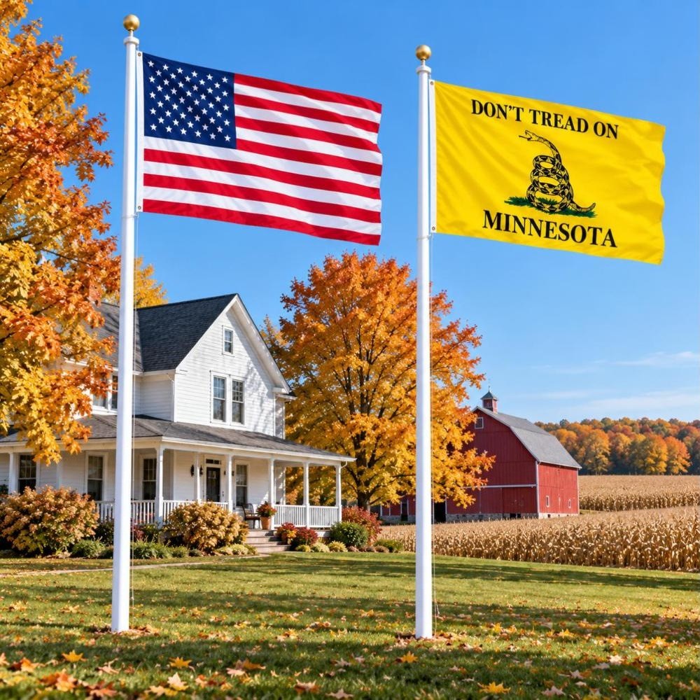 American flag and Don't Tread on Minnesota flag flying side by side outdoors