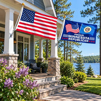 American flag and Proud Minnesota Republican flag flying side by side outdoors