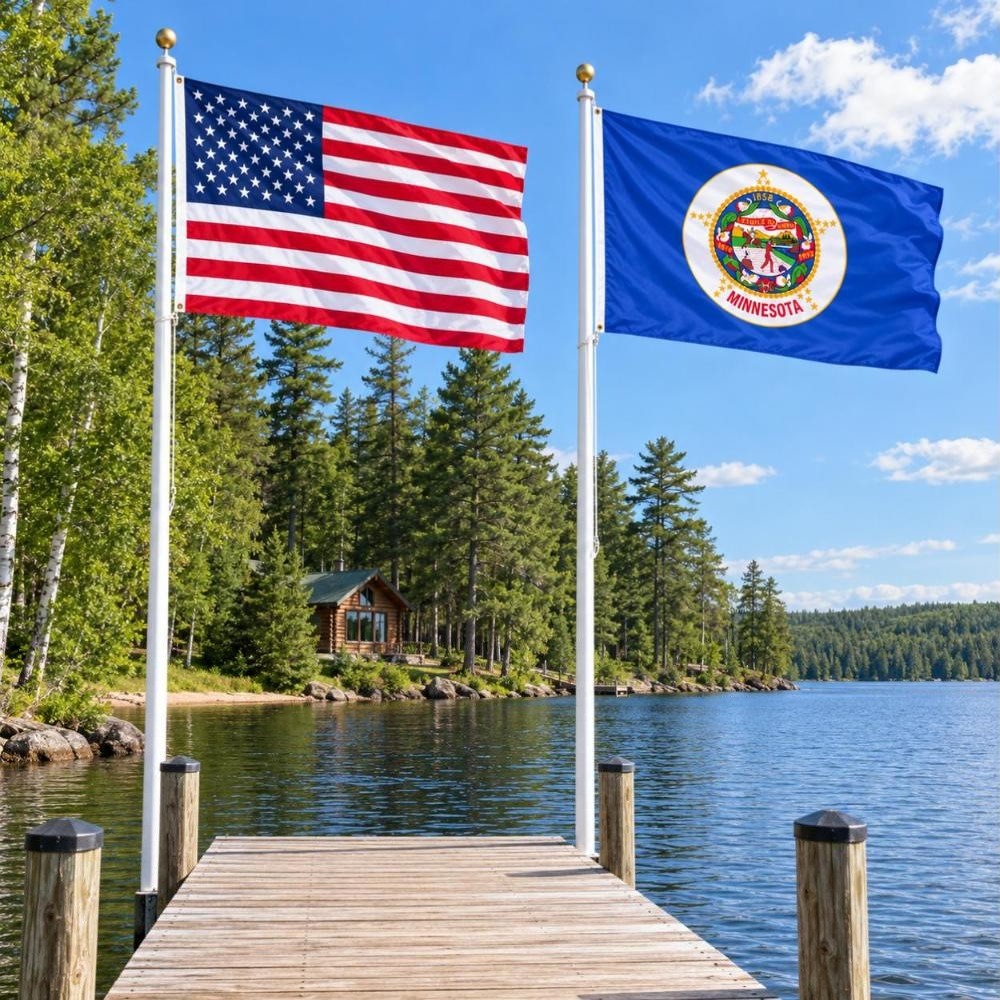 American flag and Minnesota Historic State Flag flying side by side outdoors